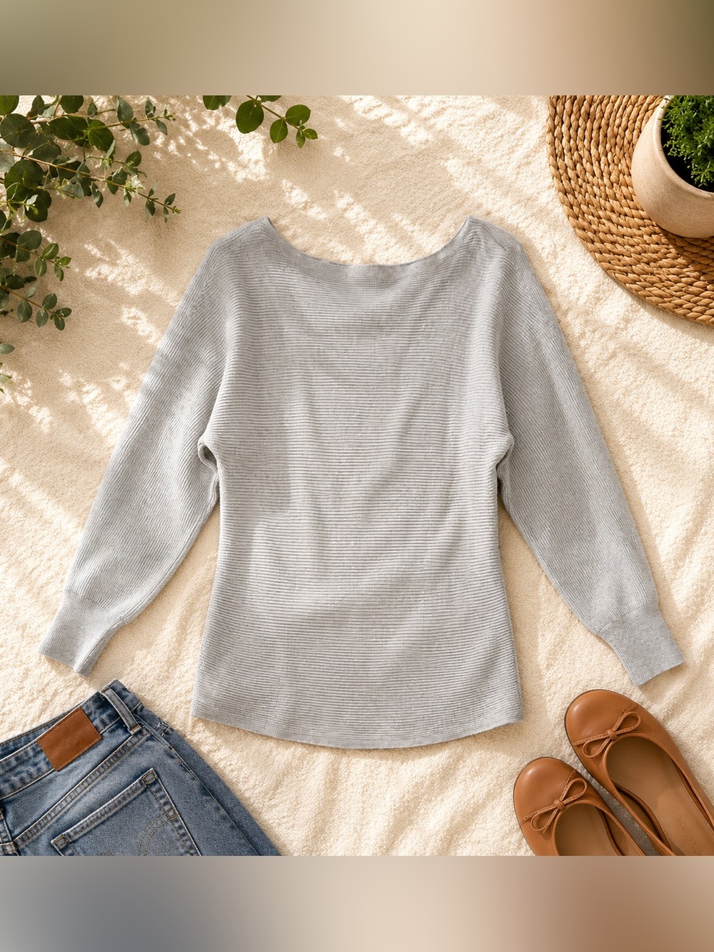 Tommy Bahama Light Gray Off-the-Shoulder Knit Sweater